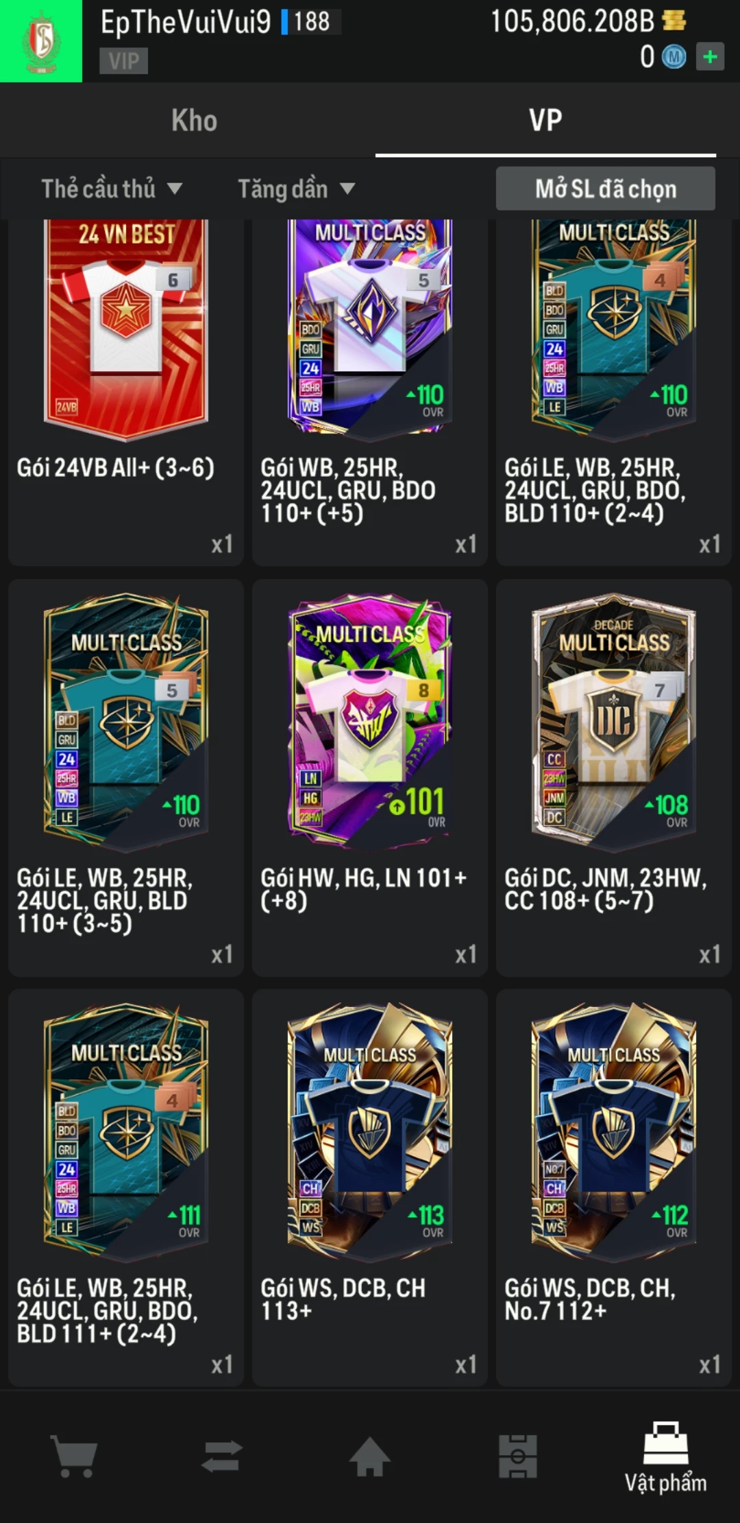 Ảnh ACC mở thẻ (LOẠI SVIP PROMAX) bao gồm có 01 thẻ +12, 03 thẻ PRIME (QH+, CP+, XS+) và hơn 1500+ đến 1600+ thẻ cầu thủ từ Siêu sao đến Miền núi các loại. Acc có sẵn BP trắng từ 90.000 tỷ BP đến 110.000 tỷ BP kèm theo nhiều ngày SVIP